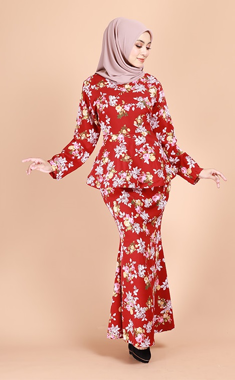QA-688 ELEENA FLORAL PRINTED KURUNG RED